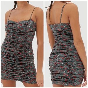 Urban Outfitters UO Iris Satin Ruched Red Rose Mini Spaghetti Strap Dress NWT M
